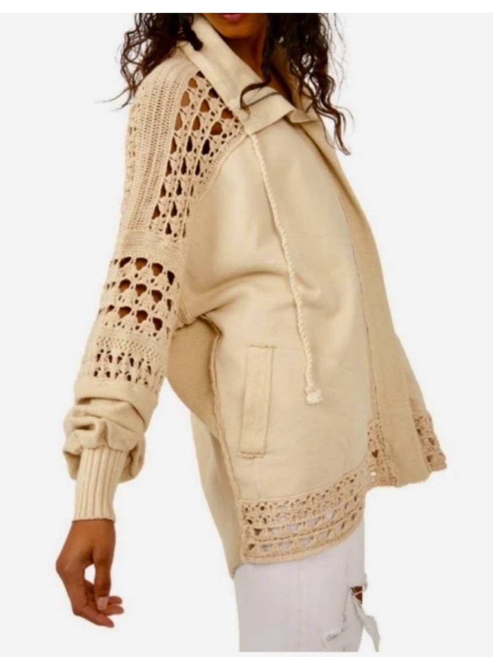NEW Free People Free People Dune Bug Cardigan || Cream Crochet-Trim Hoodie